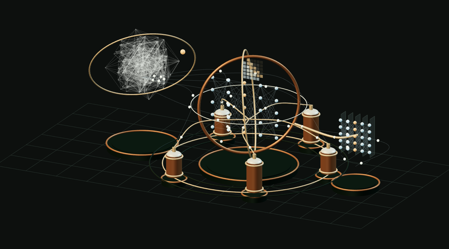 A spinning contributor network coordinates a research observatory around a shared neural model.