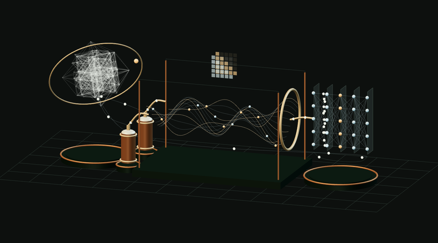 Contributions from the network combine as waves inside a shared research chamber and feed a neural model.